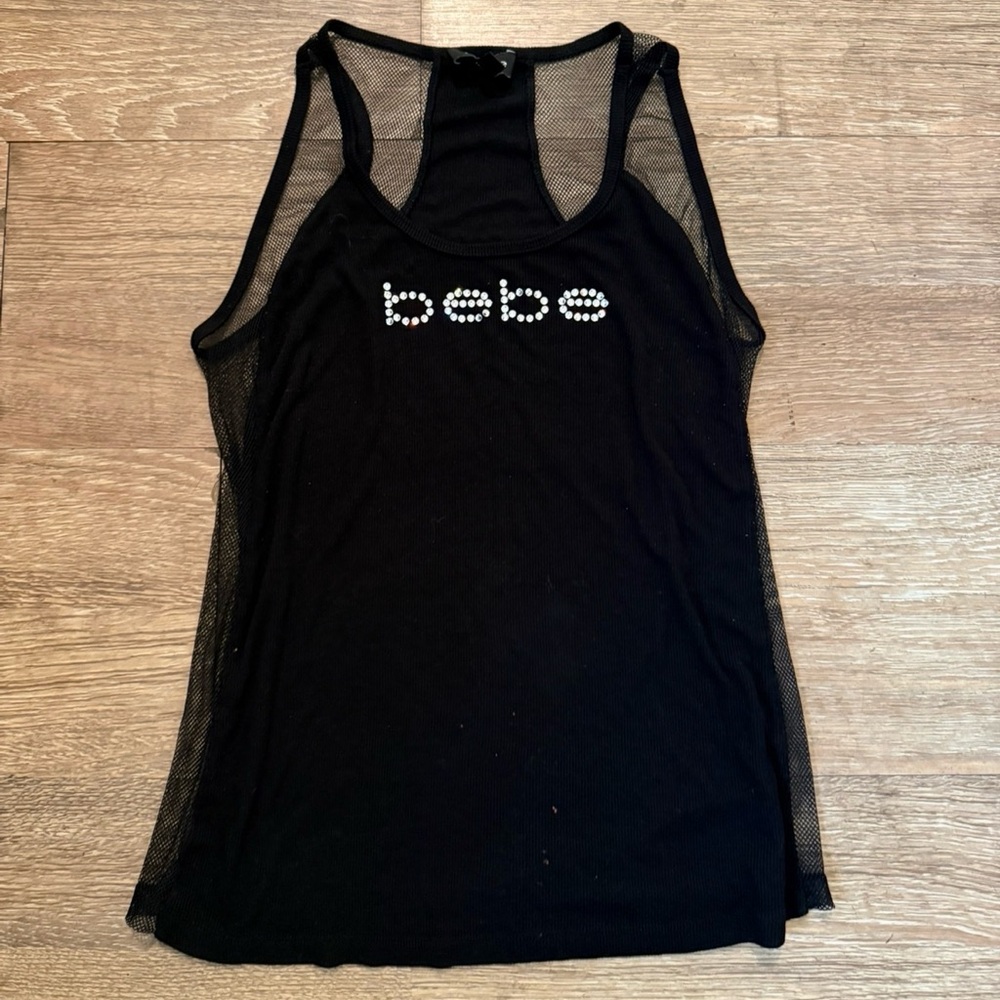 Bebe Black Mesh Tank Top with Rhinestone Logo